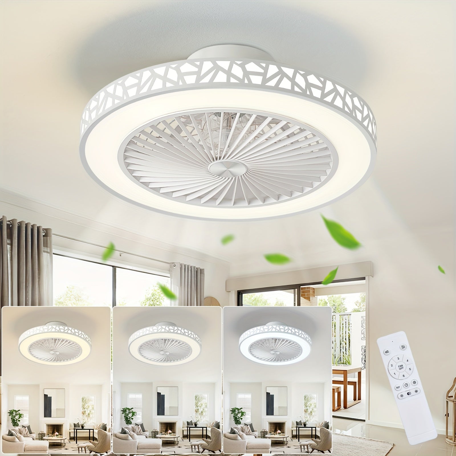Inch Modern Slim Ceiling Fan, 6 Speed, Reversible Bladeless Design, 41W Dimmable LED Fan Light, Quiet Timing Lighting for Bedroom, Living Room and Office