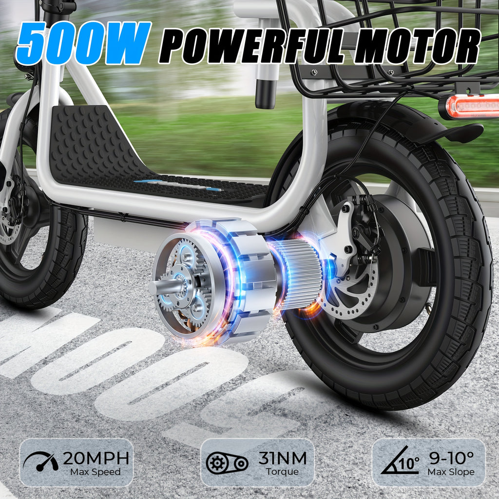 14英寸电动滑板车，500W电机，48V 374Wh锂离子电池滑板车，双制动刹车系统，LCD显示屏智能滑板车，带购物篮城市通勤电动滑板车，男女通用