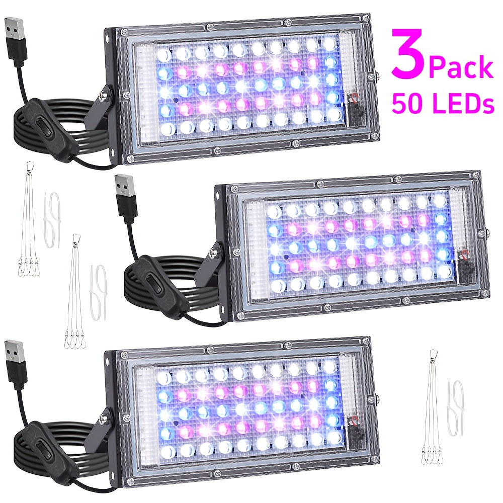 50/96/144 LED 1/2/3 Sets Grow Light, Full Spectrum LED Plant Light for Indoor Plants, Seed Germination & Seedlings, USB Powered with Switch, Hanging Rope Included, Ideal for Vegetables, Succulents, Flowers, Fruits