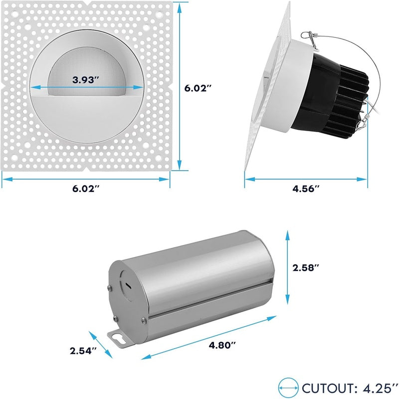 LUXRITE 4-Inch LED Recessed Trimless Downlight, with White Wall Wash Light Trim Replacement, 25W, 2000LM, 2700K - 5000K, 60-Degree Beam Angle, Dimmable, Push-to-Lock, CRI90, Damp IC Rated, ETL White Certified