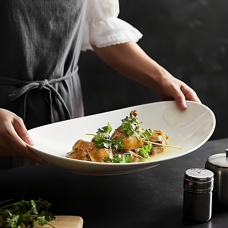 1 Piece Elegant Oval Ceramic Platter – Dark Boat-Shaped Fish Plate, White Porcelain Design, High-Quality Food-Grade Tableware, Perfect for Home & Restaurant – Ideal for Christmas, Thanksgiving, Mother‘s Day, Father’s Day