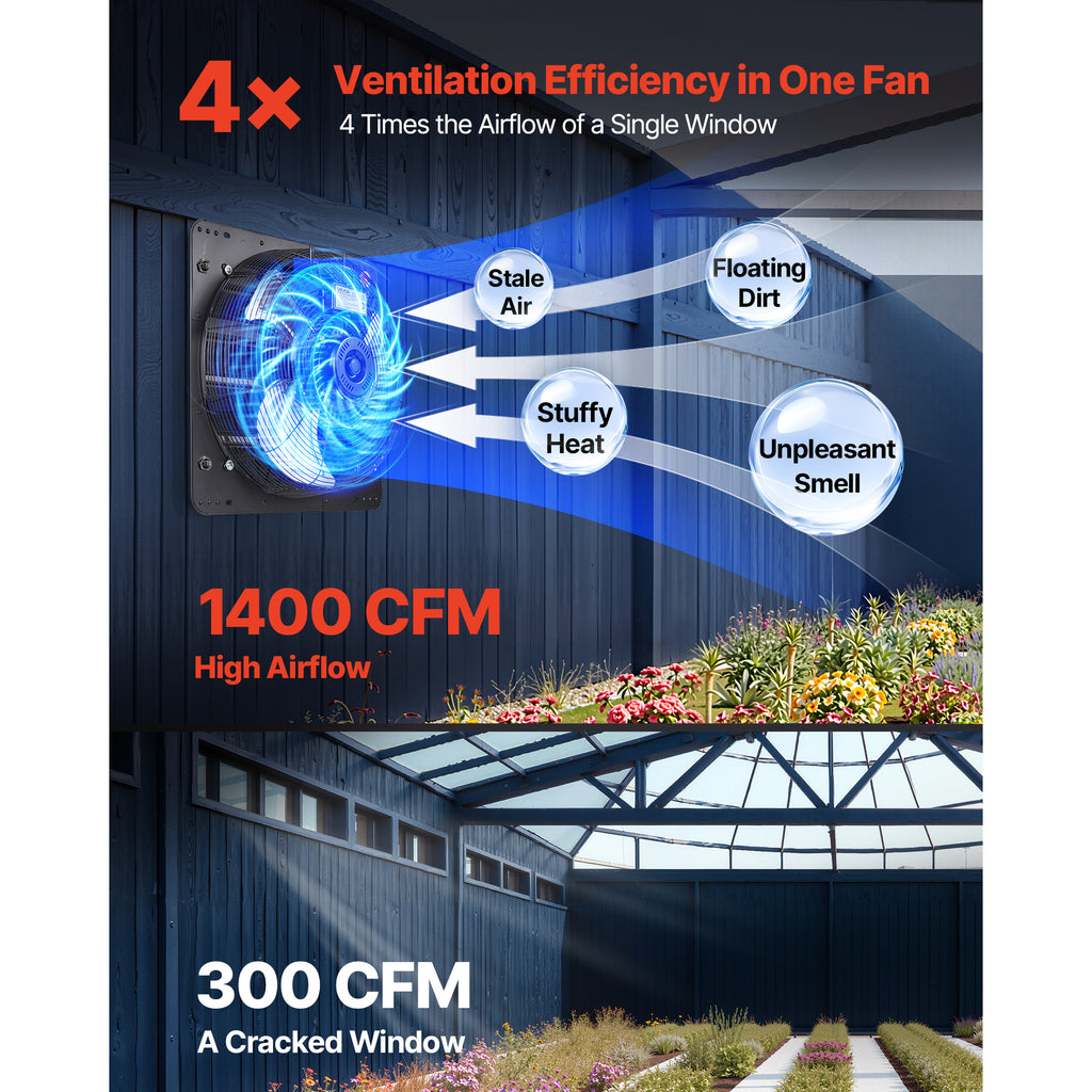 VEVOR 10/12/14/20/24 Inch Window Shutter Exhaust Fan, Wall Mounted Attic Vent Fan with Variable Speed Controller, AC Motor, Heavy Gauge Steel, Low Noise, Black, Ideal for Shed Garage Greenhouse Ventilation Cooling