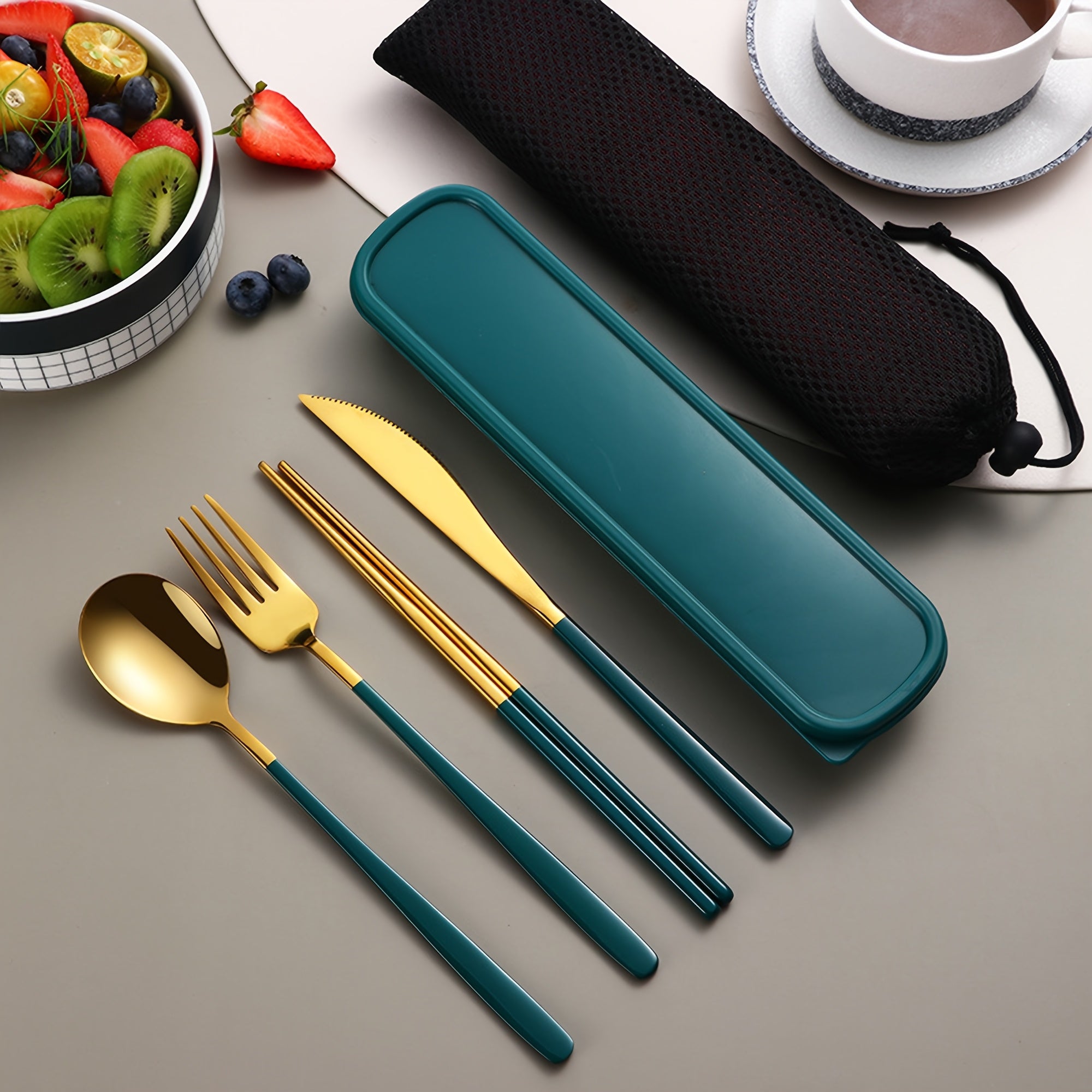 4pcs Stainless Steel Cutlery Set – Bright Polished Thickened Round Handle Dinner Knife, Chopsticks, Spoon, Fork Set – Portable Cutlery Box for Students, Outdoor Dining, Picnics