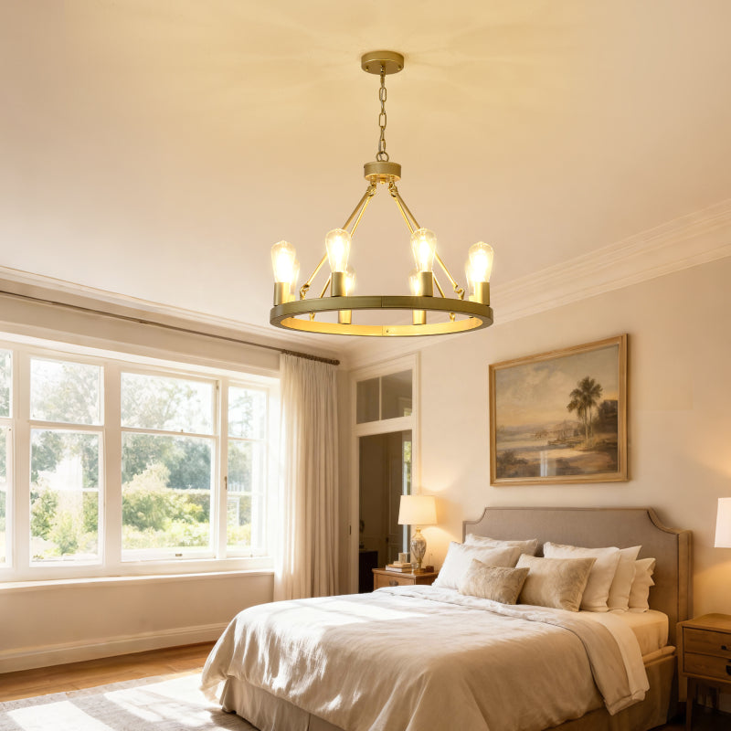 8-Light Gold Wagon Wheel Pendant Light Without Bulbs (Compatible with E26 Socket)