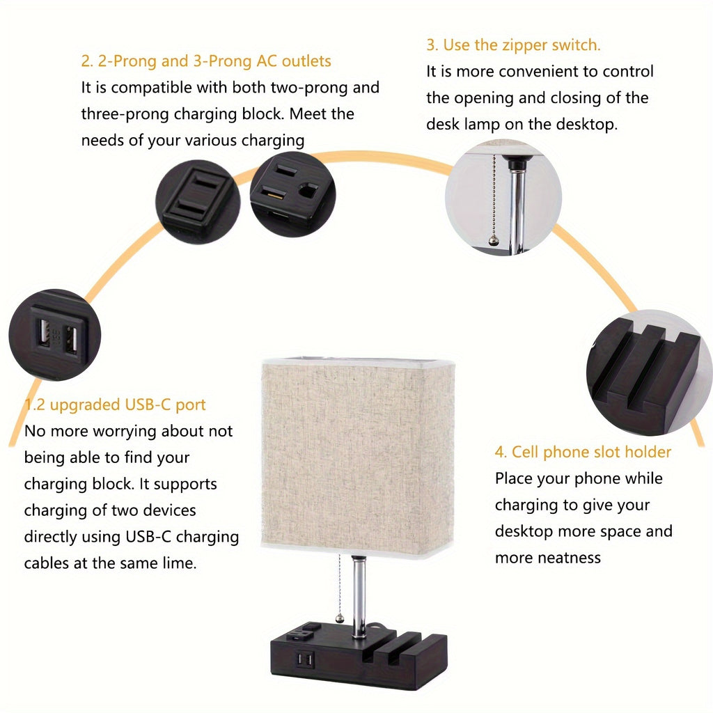 Large fabric table lamp, US standard, dual USB with AC 3-pin and 2-pin plug, with phone stand, with 3-color bulb