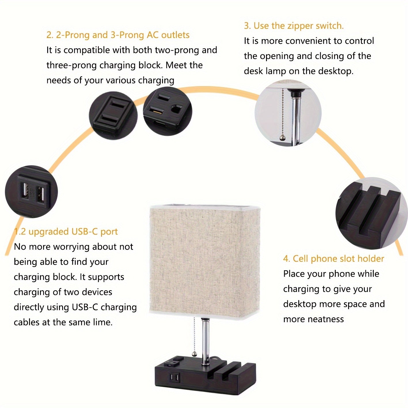 Large fabric table lamp, US standard, dual USB with AC 3-pin and 2-pin plug, with phone stand, with 3-color bulb