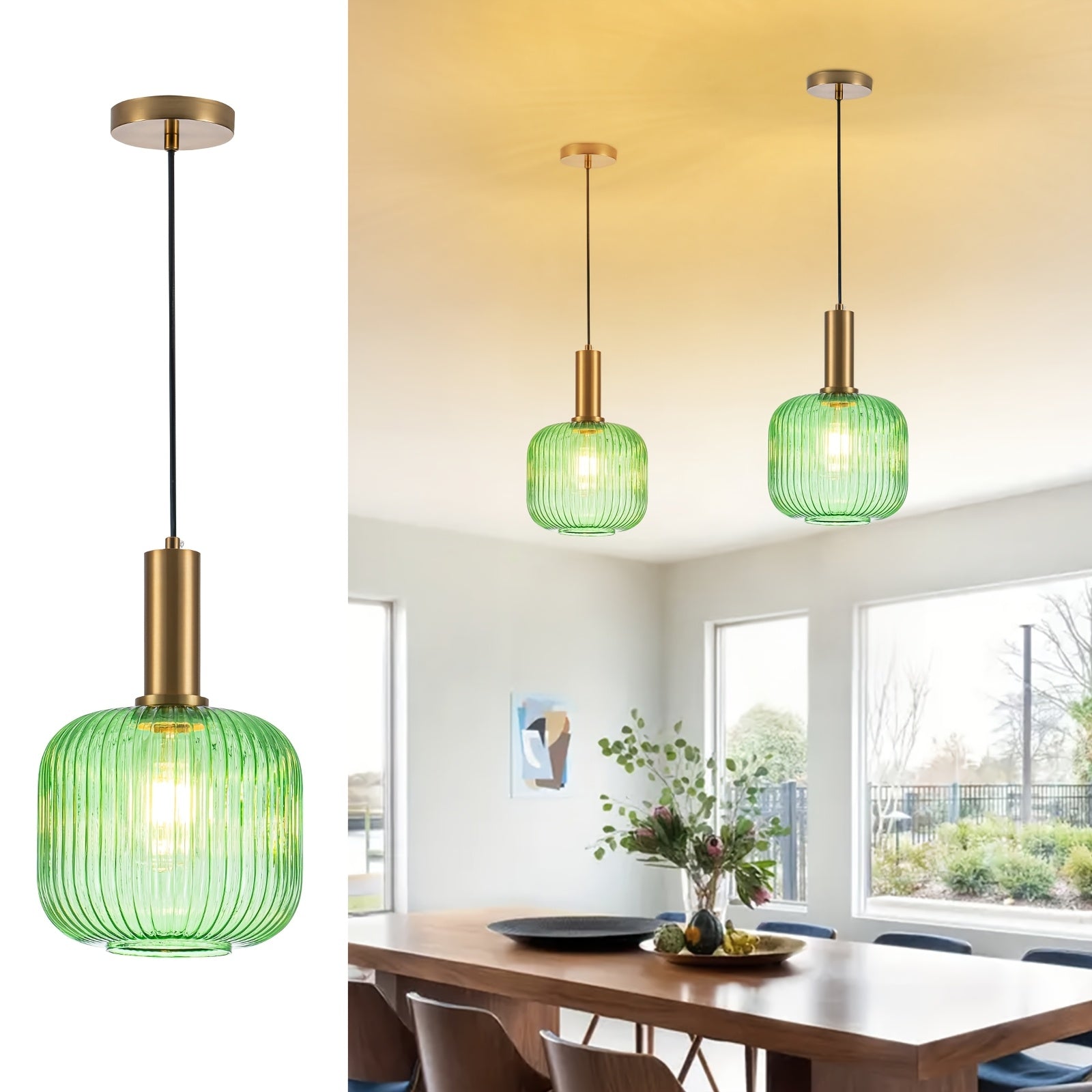 Green/Amber Modern Glass Pendant Light, 1-Light Semi-Flush Mount Ceiling Light, E26 Base Adjustable Globe Pendant Lighting, Dining Room, Kitchen Island, Porch Pendant Light (Bulb Not Included)