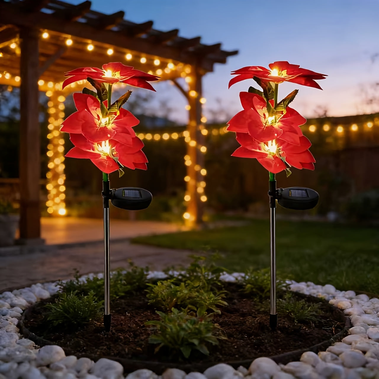 8-Piece Solar Large Red Flower LED Light Set, Realistic Design, Suitable for Garden Decoration. These Semi-Flush Mount Lawn Lights Come with a Switch, Perfect for Outdoor Spaces such as Courtyard, Patio, Lawn.
