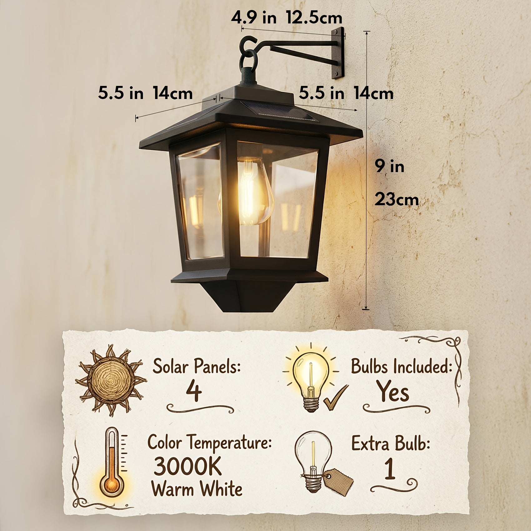 2-Pack IP44 Waterproof Solar Outdoor Wall Light - Dusk to Dawn LED Wall Light with 4 Solar Panels and Hooks, Rust-Proof Design and Replaceable Bulb, Bright Decorative Solar Light for Yard, Perfect Holiday Gift