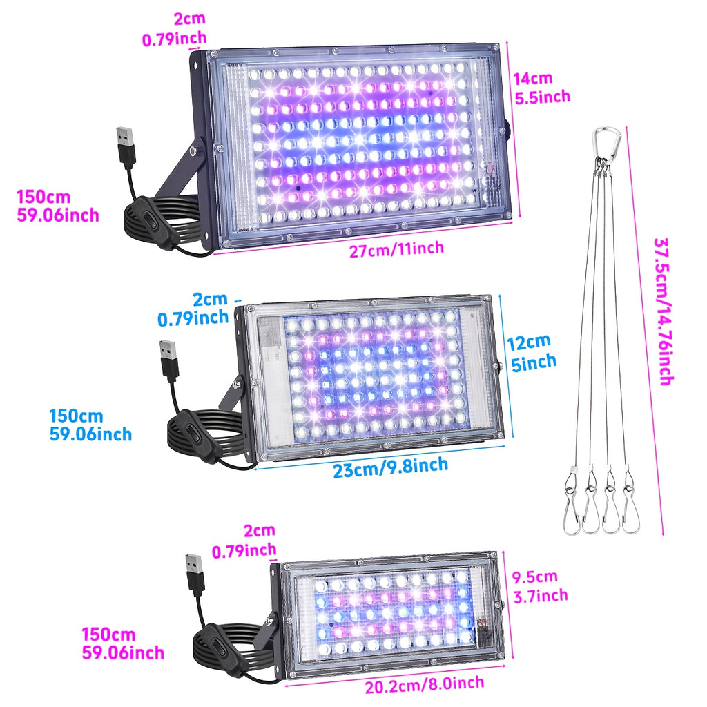 50/96/144 LED 1/2/3 Sets Grow Light, Full Spectrum LED Plant Light for Indoor Plants, Seed Germination & Seedlings, USB Powered with Switch, Hanging Rope Included, Ideal for Vegetables, Succulents, Flowers, Fruits