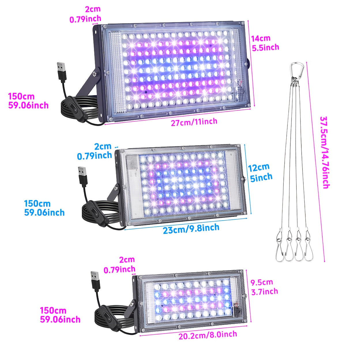 50/96/144 LED 1/2/3 Sets Grow Light, Full Spectrum LED Plant Light for Indoor Plants, Seed Germination & Seedlings, USB Powered with Switch, Hanging Rope Included, Ideal for Vegetables, Succulents, Flowers, Fruits