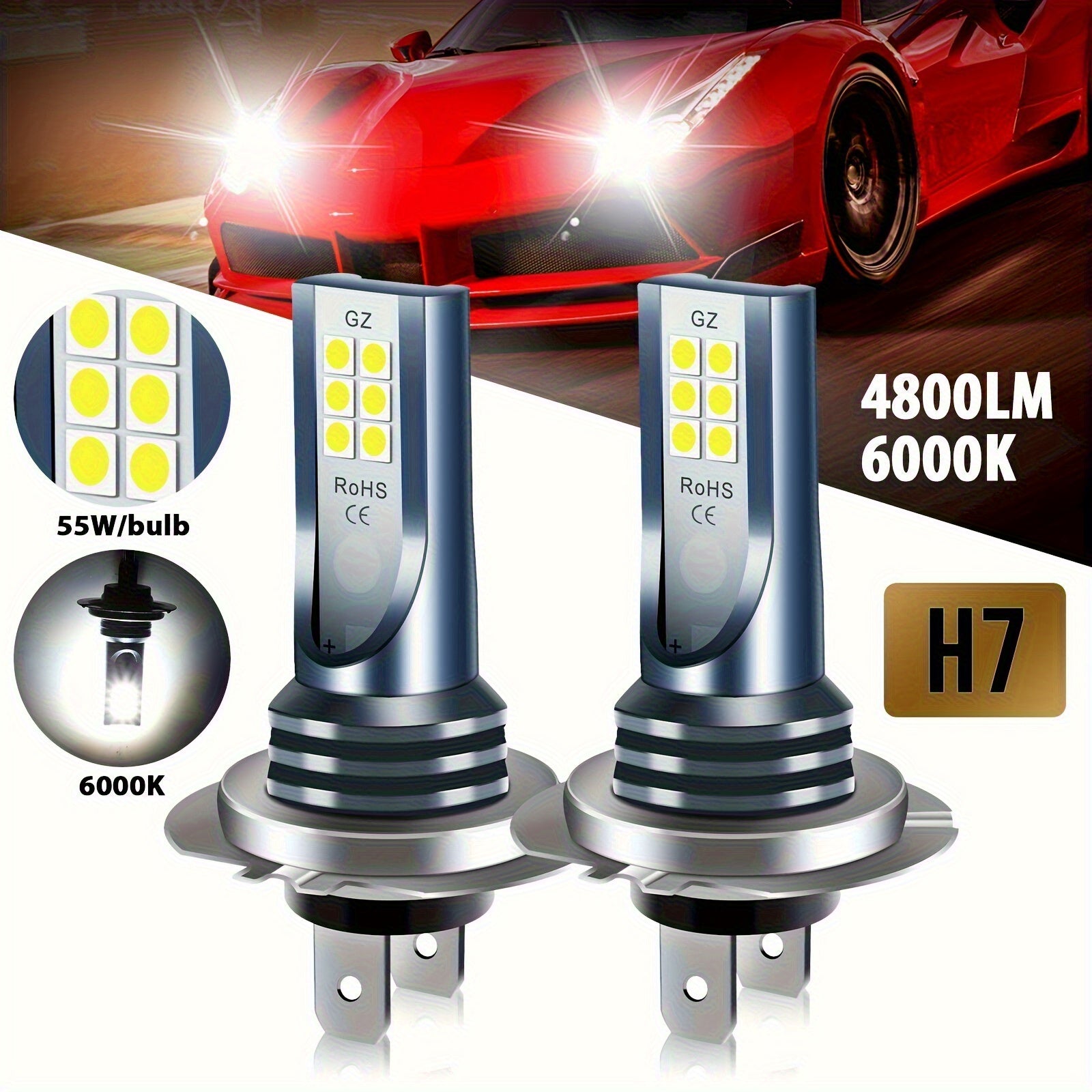 2Pcs H7 2835 12SMD LED High Beam Bulb Set White 6000K Bulbs