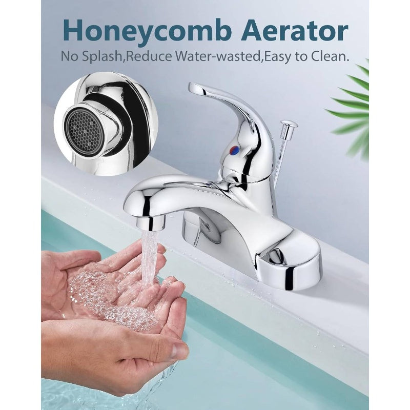 Bathroom Faucet 4" Centerset - Single Handle Lavatory Faucet with Supply Lines & Pop-Up Drain Assembly, Polished Chrome, Plumbing Supplies, Bathroom Accessories, Modern Bathroom, High-Quality Valve, Commercial Bathroom, Modern Homeowner