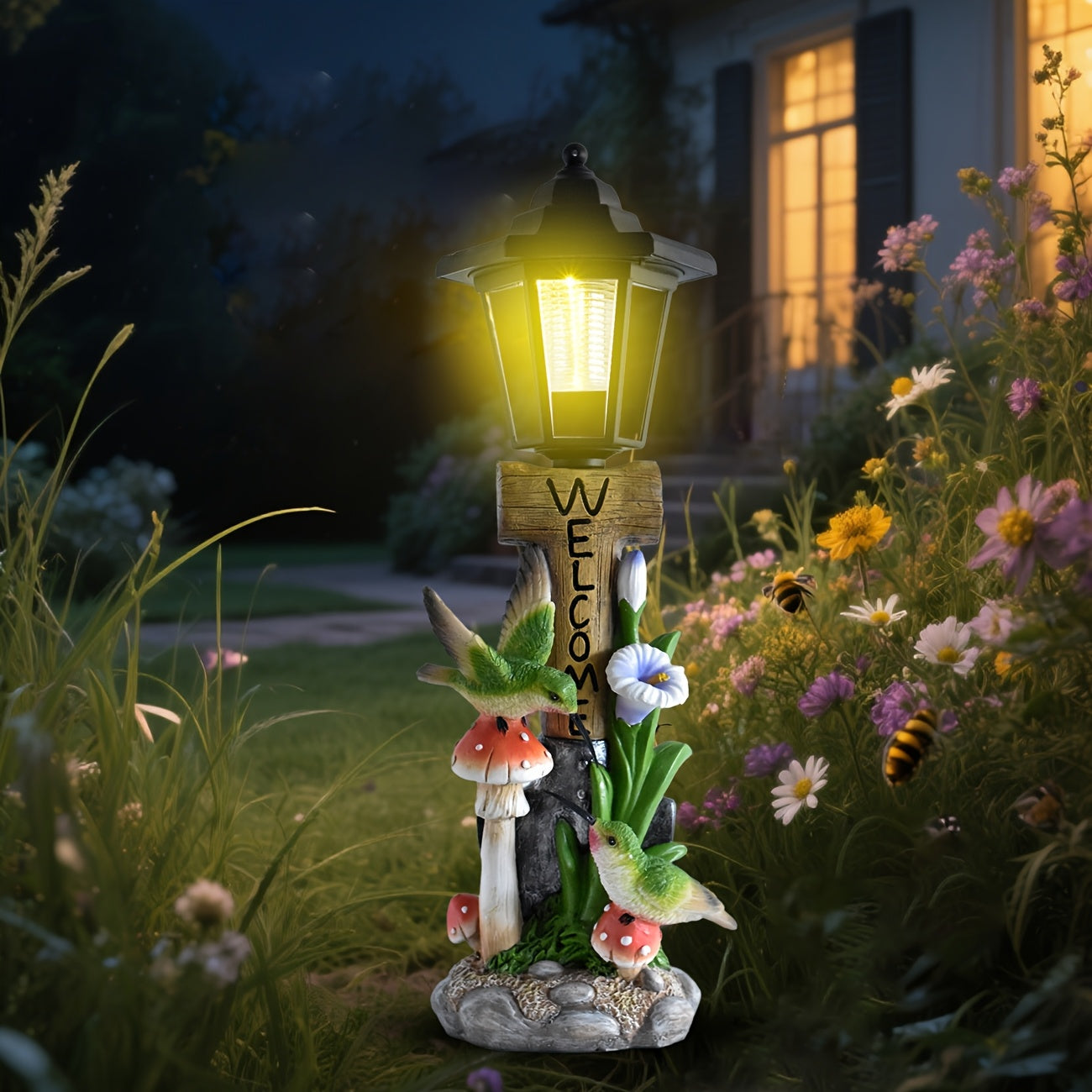 One-Piece Creative Resin Couple Hummingbird Solar Outdoor Light Sculpture Ornament, Courtyard Villa Garden Home Decorative Night Light, Path Balcony Atmosphere Sculpture Light, Solar Rechargeable Light, Graduation Season Gift for Friends