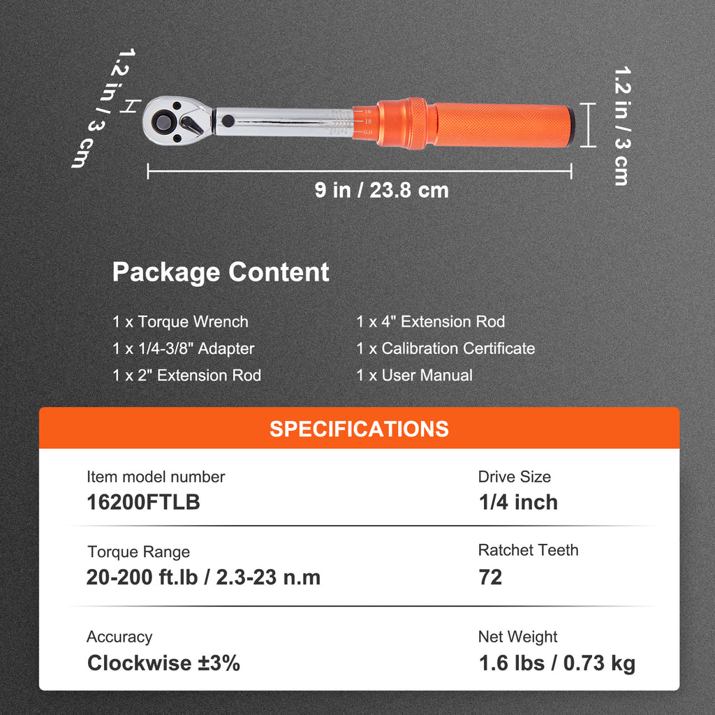 VEVOR Torque Wrench, 1/4“ / 3/8” / 1/2“ Drive Click Torque Wrench 10-80 ft-lbs / 20-200 in-lbs / 25-250 ft-lbs 3-23 Nm / 34-340 Nm / 14-110 Nm, Dual-Direction Adjustable Torque Wrench Set