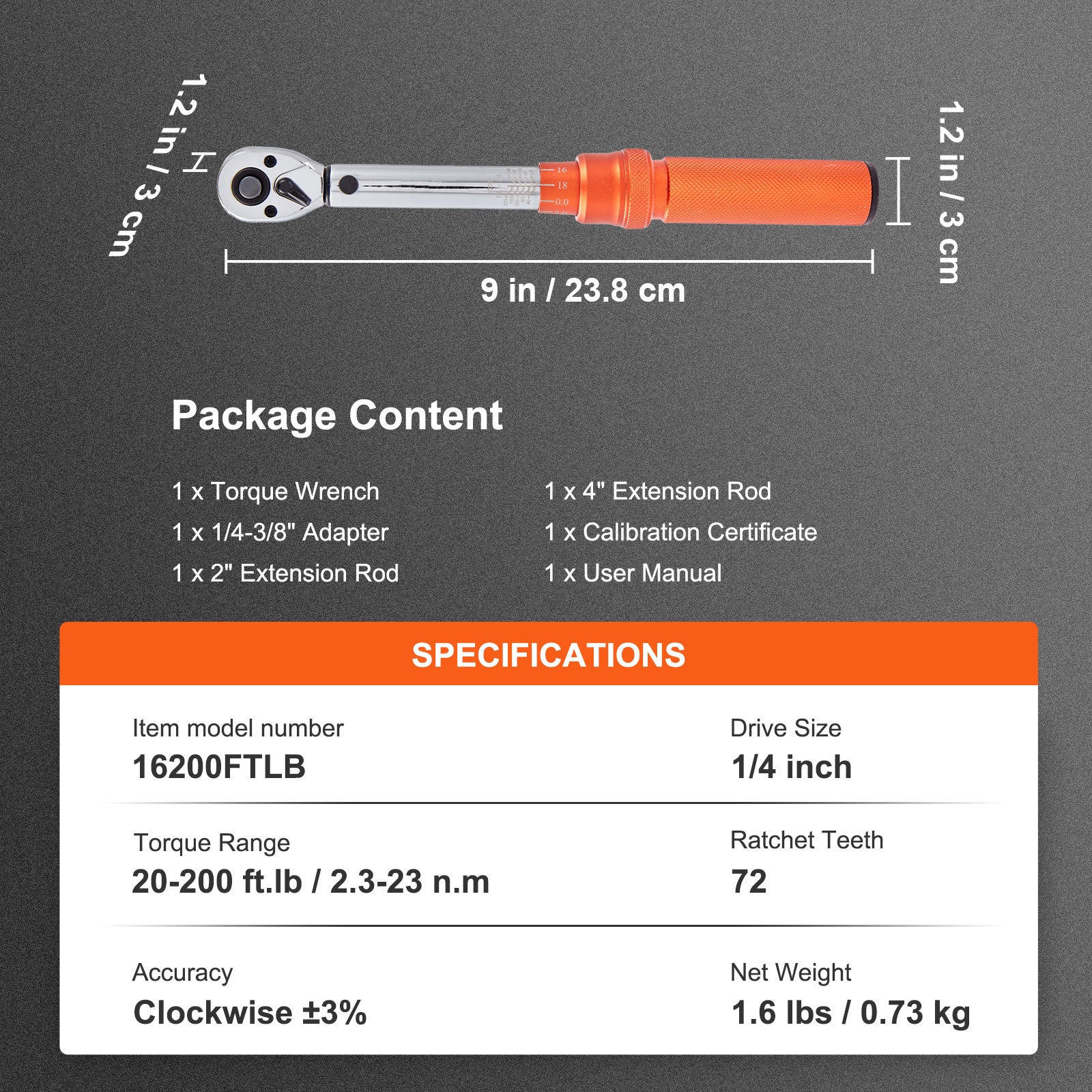 VEVOR Torque Wrench, 1/4“ / 3/8” / 1/2“ Drive Click Torque Wrench 10-80 ft-lbs / 20-200 in-lbs / 25-250 ft-lbs 3-23 Nm / 34-340 Nm / 14-110 Nm, Dual-Direction Adjustable Torque Wrench Set