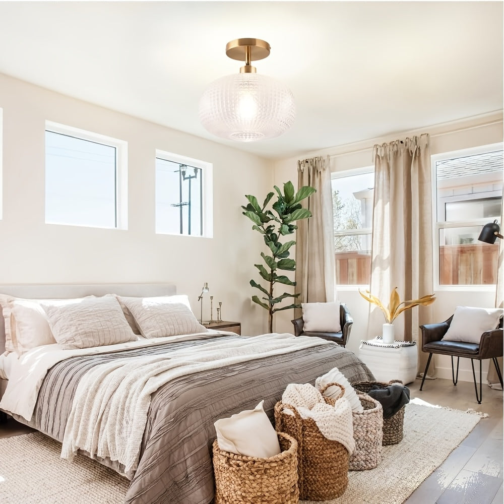 Gold Semi-Flush Mount Pendant Light with White Globe Glass Shade, Suitable for Sloped Ceilings, Hallways, Porches, Bedrooms, Stairwells, E26 Base (Bulb Not Included)