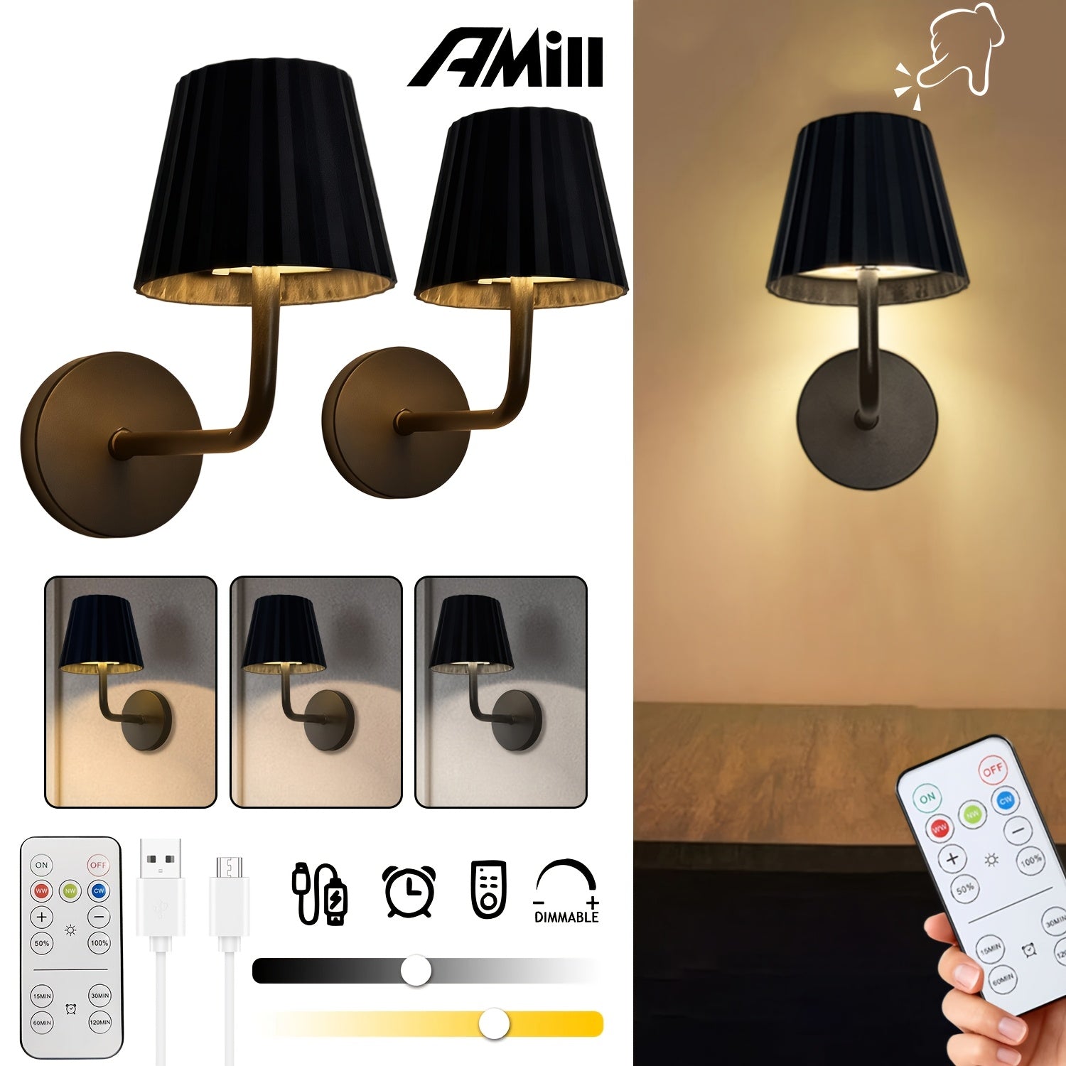 AIMLL Black Dimmable Rechargeable Desk Lamp, 800mAh Battery Capacity, Remote/Touch Control Dimming, Timer Function, Suitable for Office, Reading