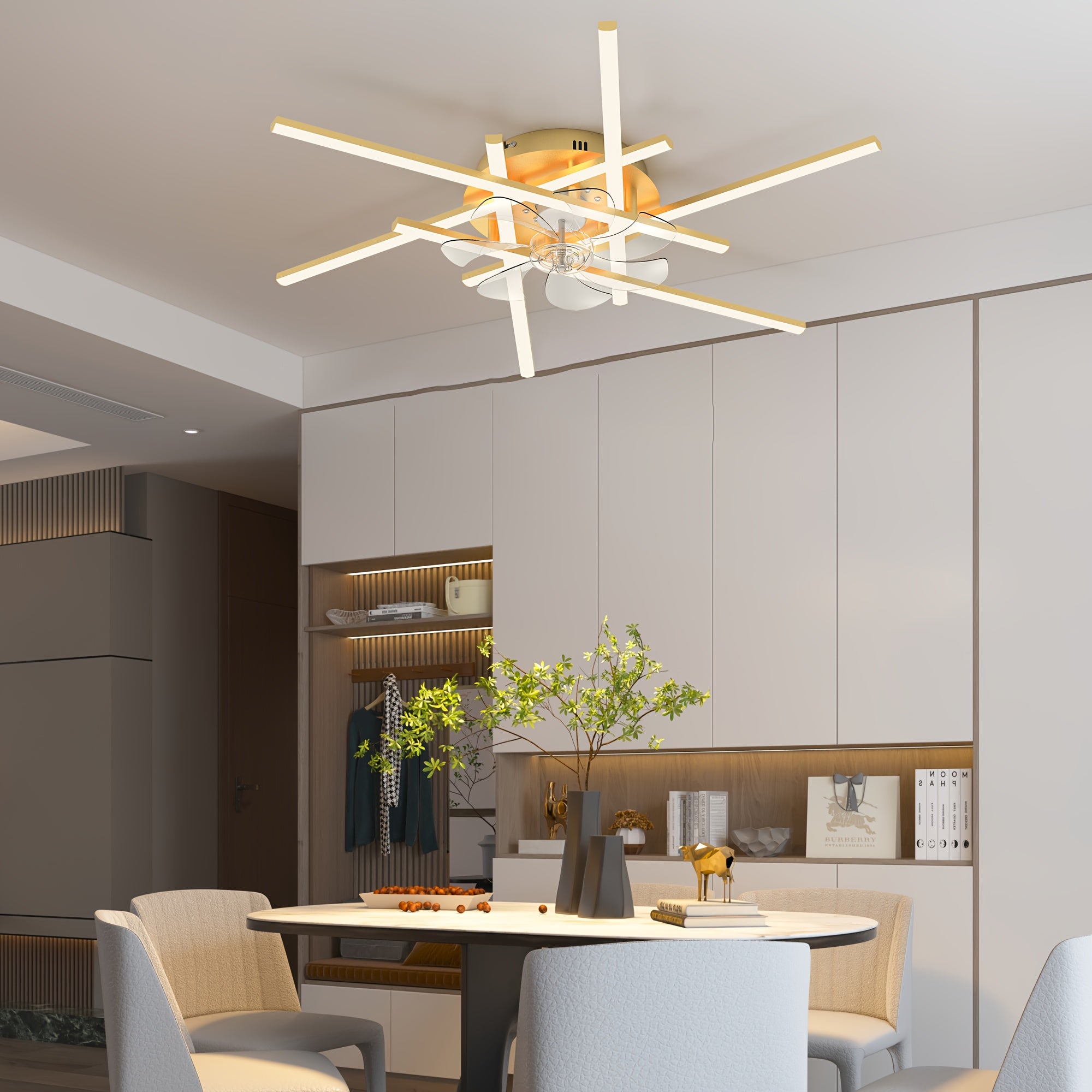 Modern LED Ceiling Fan with Light and Remote Control, Gold Sputnik Semi-Flush Mount Design, Chandelier Fan for Bedroom, Living Room, Dining Room, Kitchen & Office