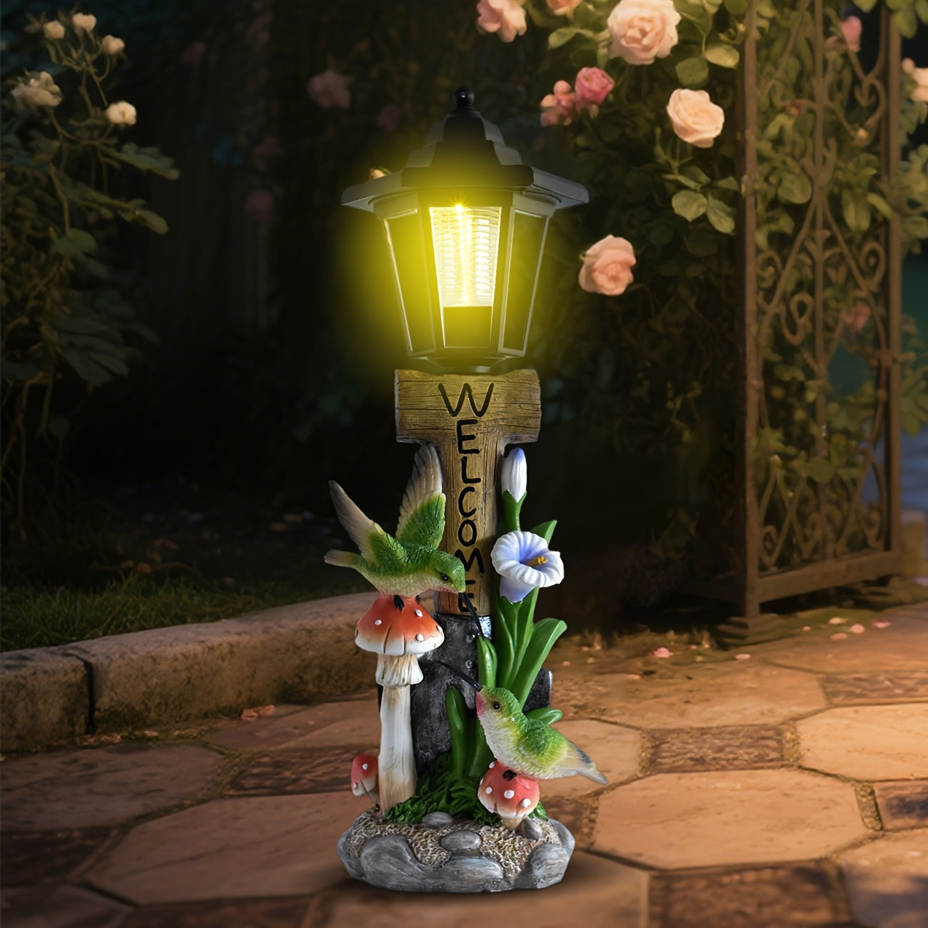 One-Piece Creative Resin Couple Hummingbird Solar Outdoor Light Sculpture Ornament, Courtyard Villa Garden Home Decorative Night Light, Path Balcony Atmosphere Sculpture Light, Solar Rechargeable Light, Graduation Season Gift for Friends
