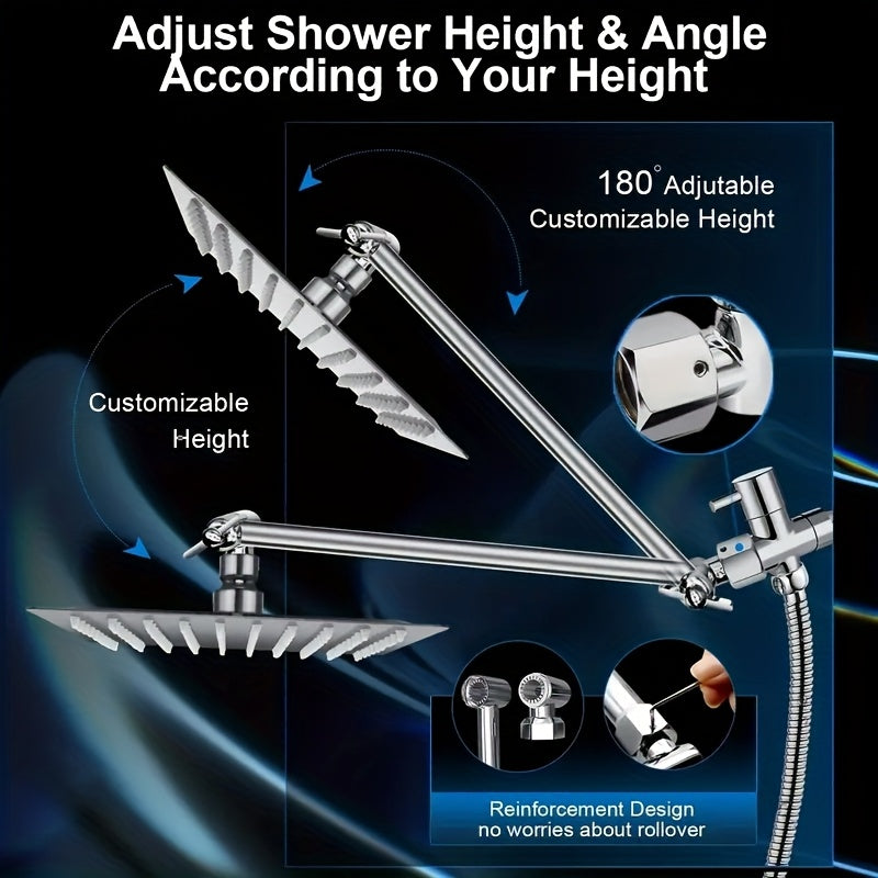 Shower Head - 8" High Pressure Rain Shower Head & Handheld Combo with 11" Extension Arm, 5-Setting Adjustable Leak-Proof, with Holder/Hose, Height & Angle Adjustable