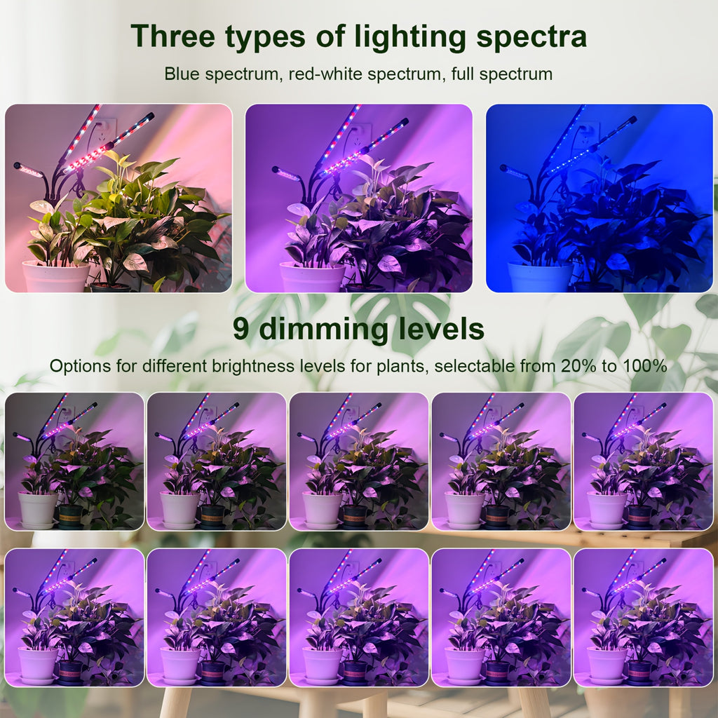 4-Head Plant Grow Light with Base, White & Warm White Spectrum for Indoor Plants, 10 Brightness Levels, 3/9/12H Timer, 3 Switch Modes, Adjustable Gooseneck, Ideal for All Kinds of Indoor Plant Growth