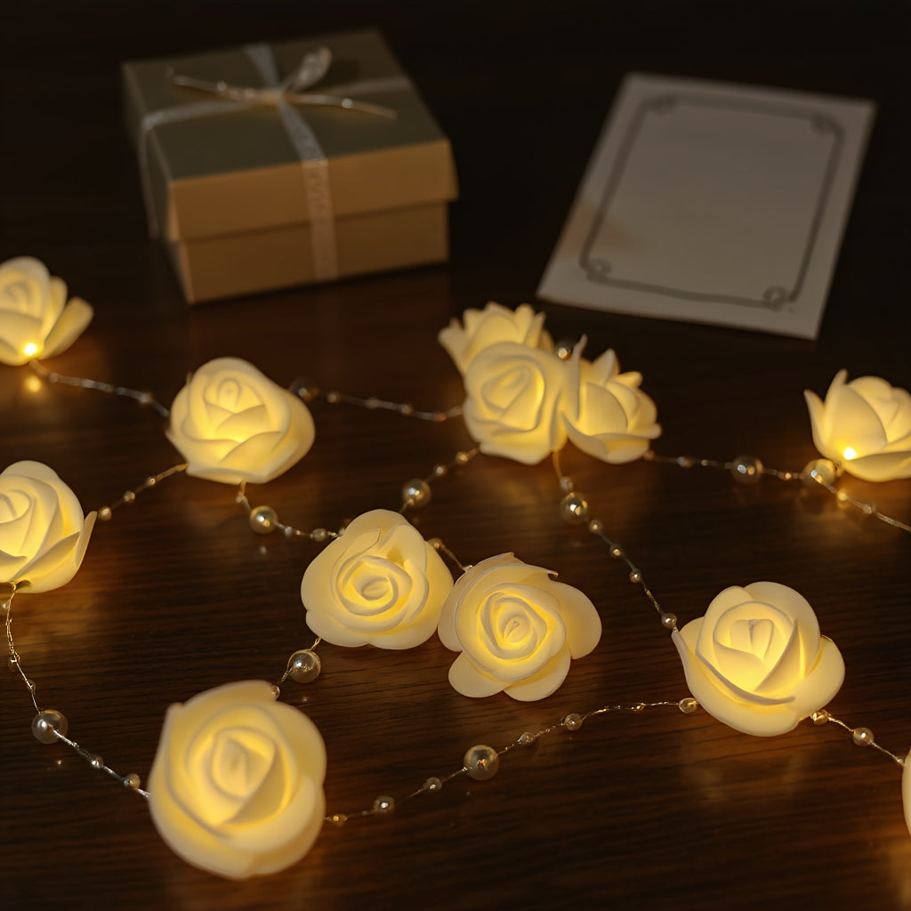 200cm/78.7INCH 玫瑰花珍珠链灯串，20Led 仙女灯2AA电池盒（ON/OFF,不含电池），适用于情人节、婚礼现场布置、室内氛围装饰、酒店装饰、商店橱窗装饰等