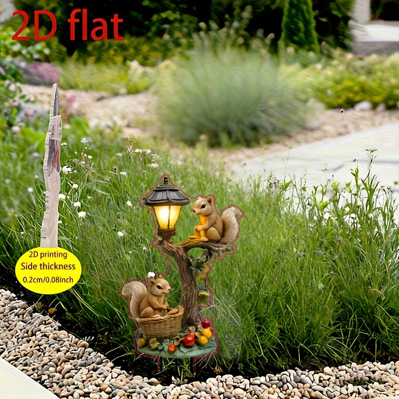 2D Flat, 1pc Bohemian Style Whimsical Squirrel & Tree Light Outdoor Garden Ground Insert Decoration - All-Weather Lawn Decor, Perfect for Courtyard, Patio, Squirrel Themed Landscape Art, with Hanging Lantern and Bird‘s Nest