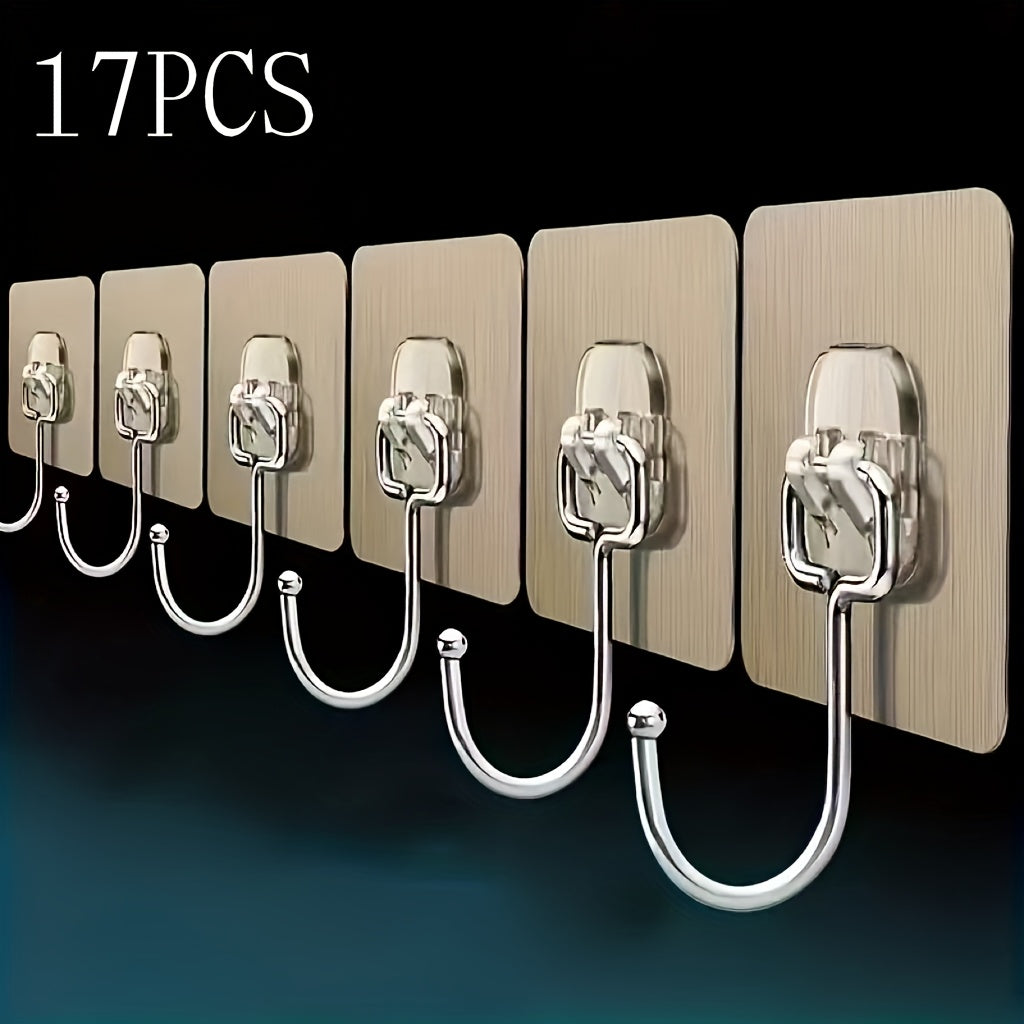 17-Piece Strong Adhesive Wall Hooks - Clear Reusable & Sticky Residue-Free, Waterproof & Oil-Resistant - Practical Towel Cup Can Opener Scissors Hooks for Bathroom & Kitchen