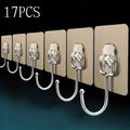 17-Piece Strong Adhesive Wall Hooks - Clear Reusable & Sticky Residue-Free, Waterproof & Oil-Resistant - Practical Towel Cup Can Opener Scissors Hooks for Bathroom & Kitchen