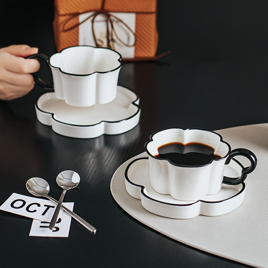 Nordic Simple Petal-Shaped Ceramic Coffee Cup & Saucer Set – Unique Office & Home Afternoon Tea Cup Set, High-End & Exquisite, High-Appeal Birthday Gift, Souvenir – Reusable, Hand Wash Only