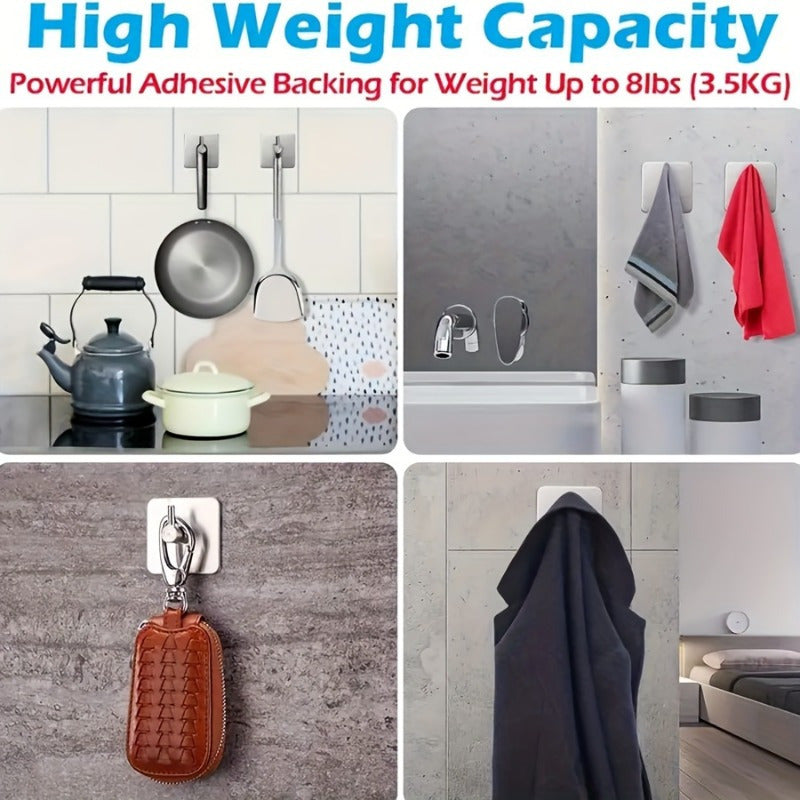 2-Pack Heavy Duty Self-Adhesive Stainless Steel Wall Hooks - Waterproof for Bathroom &amp; Bedroom, Towel &amp; Clothes Hooks, Square Backplate - Easy Install, Strong Adhesive