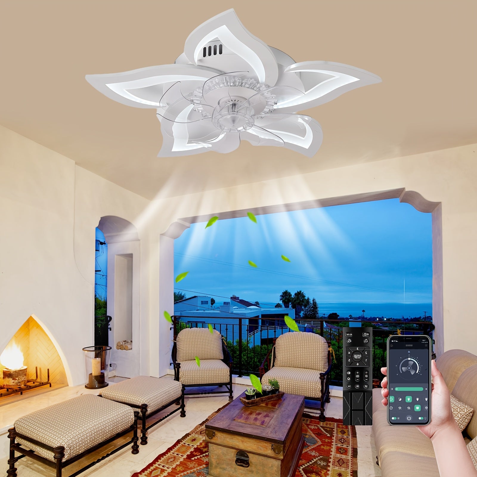 Low-Profile Remote Control Ceiling Fan, 3 Color Temperatures & 6 Speed Levels, Flush Mount Light Fixture. This 27-inch Petal-Shaped Modern Ceiling Light is Perfect for Living Room and Bedroom.
