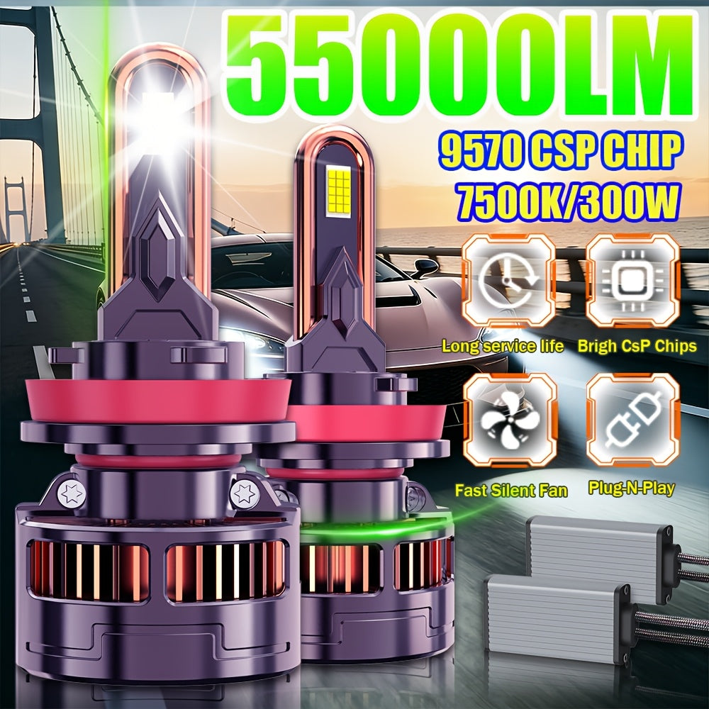 2PCS-LED Car Lights - 9012/9006/9005, H11/H7/H4/H1 - 55000LM, 300W High/Low Beam, 7500K Cool White Light, 12-24V Spotlight, No Battery Needed, Improves Night Driving Safety, External Driver Included