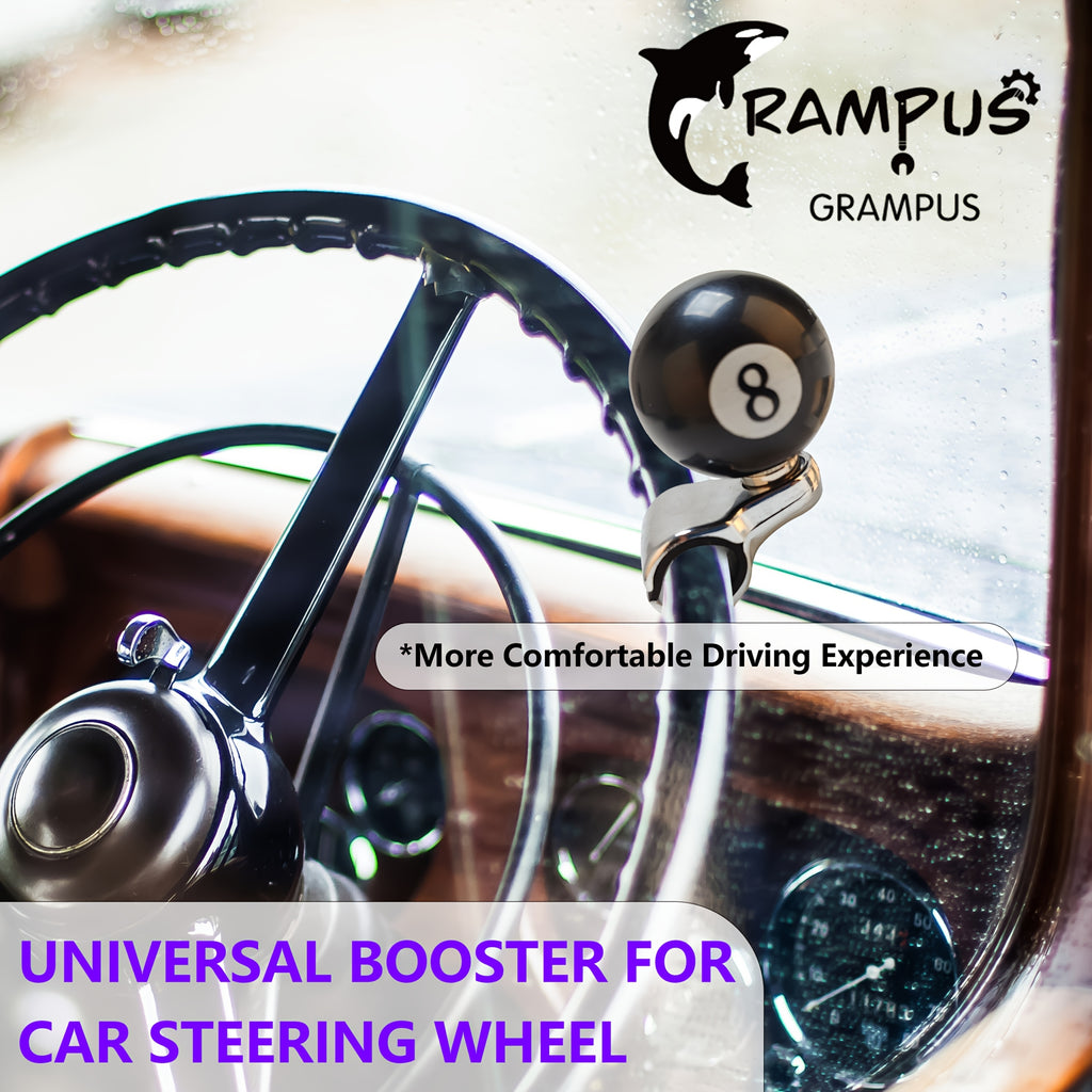 GRAMPUS 8-Ball Steering Wheel Knob Spinner – 360° Smooth Rotation, One-Hand Driving & Reversing Control, Stainless Steel & Resin, Black with White Number 8 Design, for Boats & Tractors