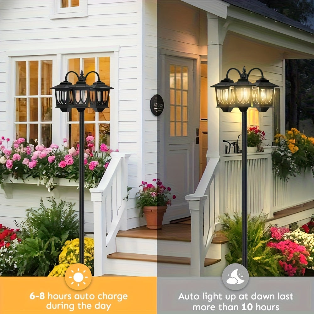 1 Set 3-Head Solar Lamp Post Light, 73-Inch Outdoor Waterproof Solar Light, Path Light for Garden, Lawn, Courtyard