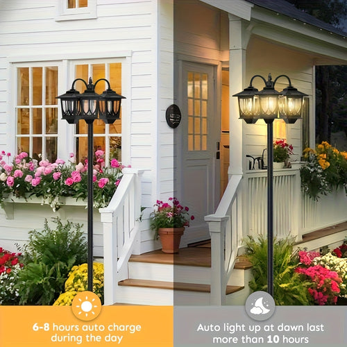 1 Set 3-Head Solar Lamp Post Light, 73-Inch Outdoor Waterproof Solar Light, Path Light for Garden, Lawn, Courtyard