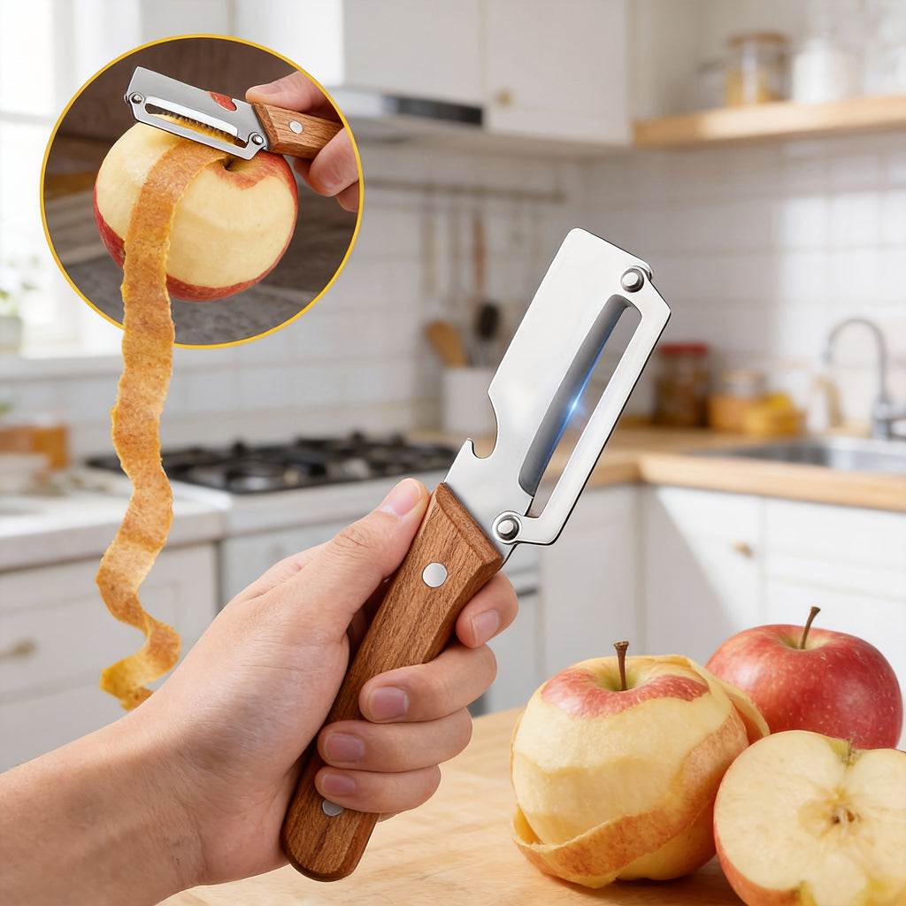 2-Piece Kitchen Vegetable Peeler & Bottle Opener with Wooden Handle – Non-Slip Ergonomic Handles, Stainless Steel Blades, Kitchen Tool for Peeling Vegetables or Fruits/