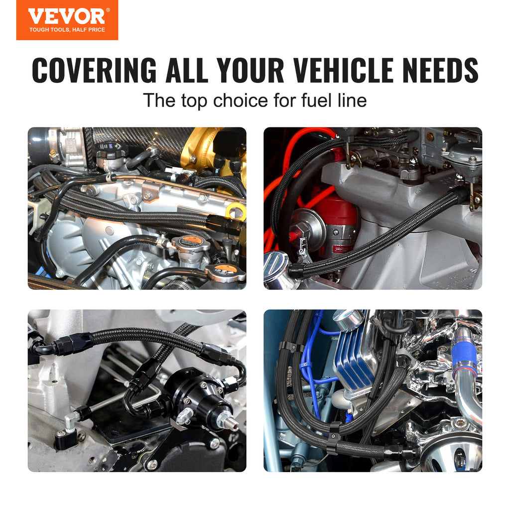 VEVOR 6AN/8AN Fuel Line Kit, 20 FT Fuel Hose Kit, 0.34"/0.43" Nylon Stainless Steel Braided Fuel/Gas/Diesel Hose End Fitting Kit, with 12 PCS Swivel Fitting Adapter Set, Black