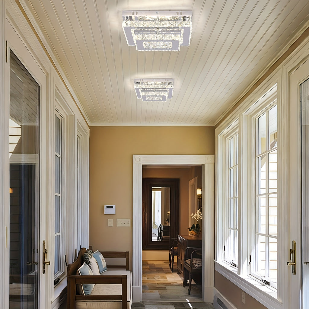 Modern rectangular crystal LED ceiling light, with K9 stainless steel, flush mount chandelier, suitable for living room, bedroom and dining room (dimmable)