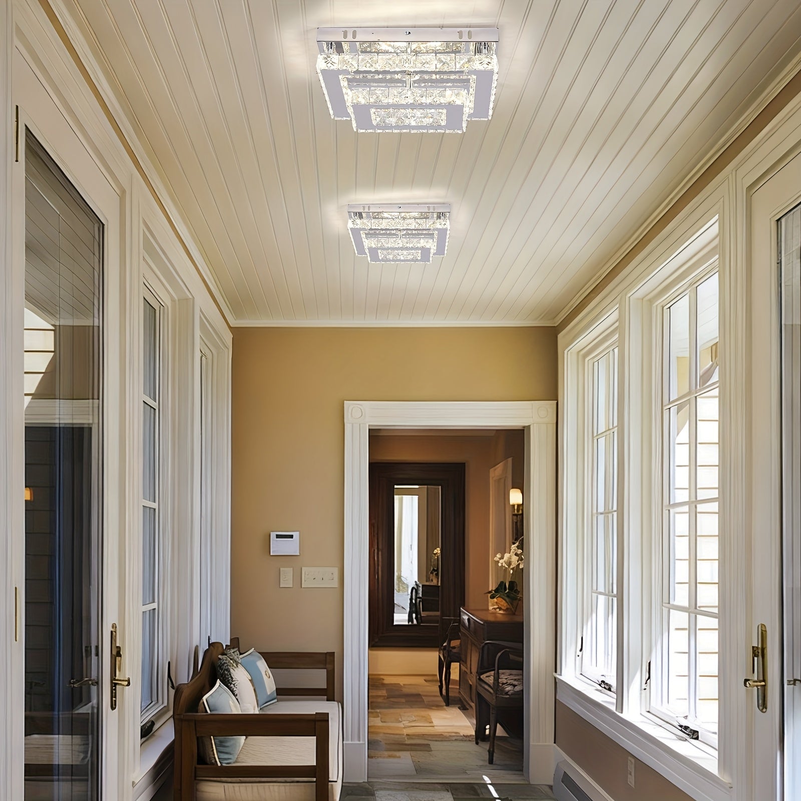 Modern rectangular crystal LED ceiling light, with K9 stainless steel, flush mount chandelier, suitable for living room, bedroom and dining room (dimmable)