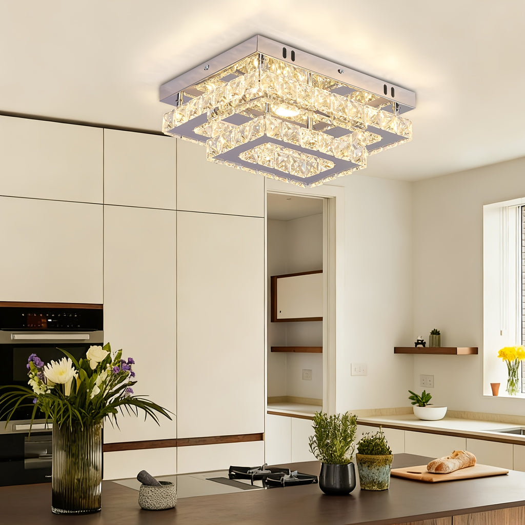 Modern Rectangular LED Pendant Light - K9 Crystal Stainless Steel Recessed Ceiling Light, Suitable for Dining Room, Bedroom, Living Room