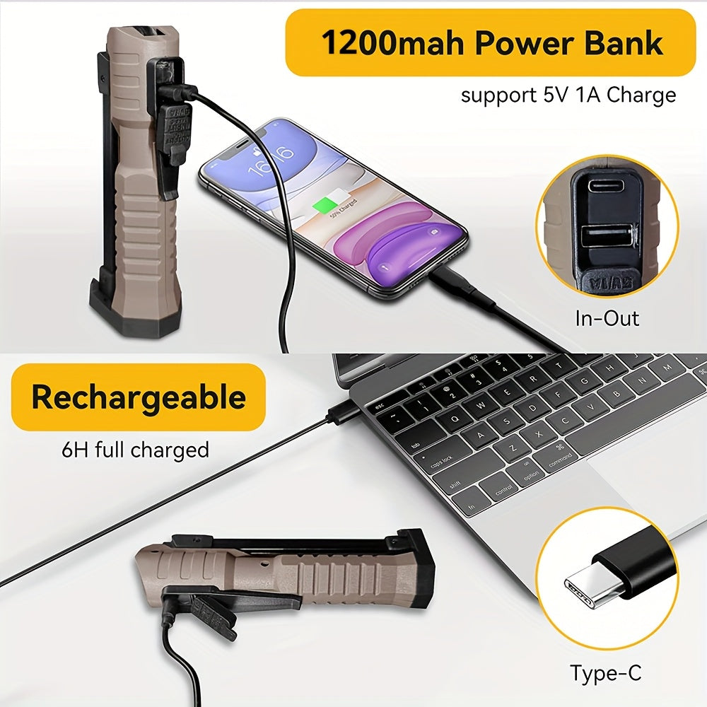 1 Portable LED Flashlight, USB Rechargeable Handheld Light, Foldable COB Work Light with Magnet & Hook, Rotatable Tent Light, 7-Mode 18650 Camping Light, Supports USB Output & Battery Level Indicator
