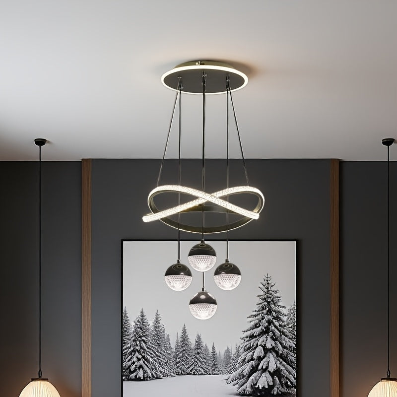 Stylish pendant light with four spherical lamp heads and a ring light, three color temperatures, height adjustable, suitable for dining room, bedroom, villa, living room, study
