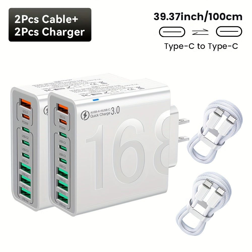8 Ports With Cable - Global Voltage 110-130V Power Adapter Brick For IPhone 17/16, For IPad, For Samsung, MacBook - Compact Cube Design, Charger For Business Trips & Home Use, Portable Fast Charger, Fast Charger Type C Cable With Adapter