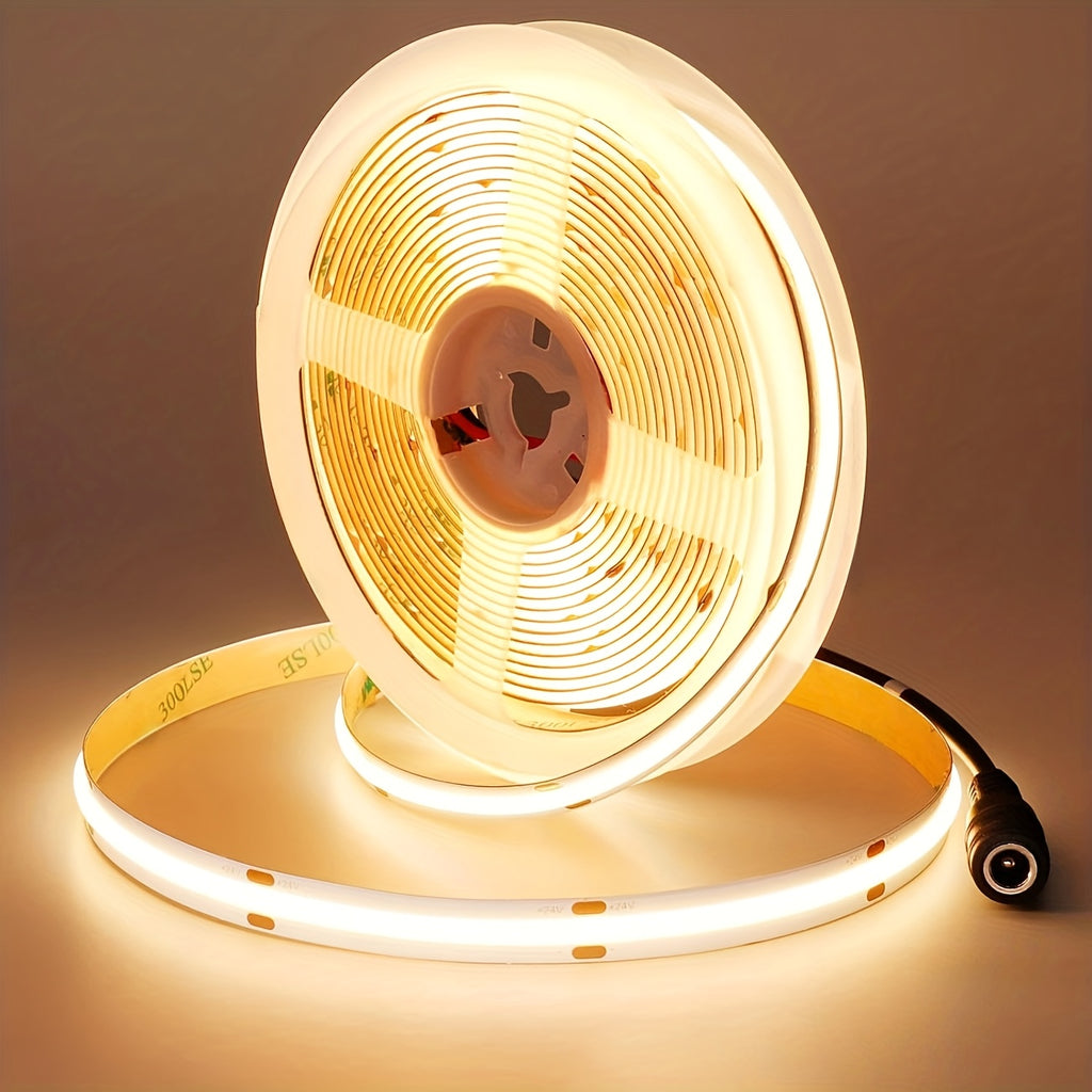 1 16.55英尺/5公尺 COB燈條，320顆LED，12V/24V PVC燈帶，90+色彩表現指數可調，8mm LED照明，適用於居家、舞台、背光，包含DC連接器（不含電源供應器），不含電池