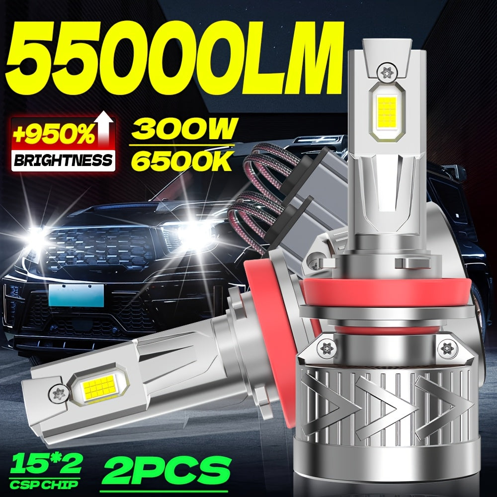 2-Pack LED Car Headlight Bulbs, Compatible with 9005/HB3, 9006/HB4, H1, H7 and H11 Models, 55,000 Lumens No CANBUS Error, 950% Brightness Increase, 6500K Cool White Light, Plug-and-Play, 60,000 Hours Ultra-Long Life