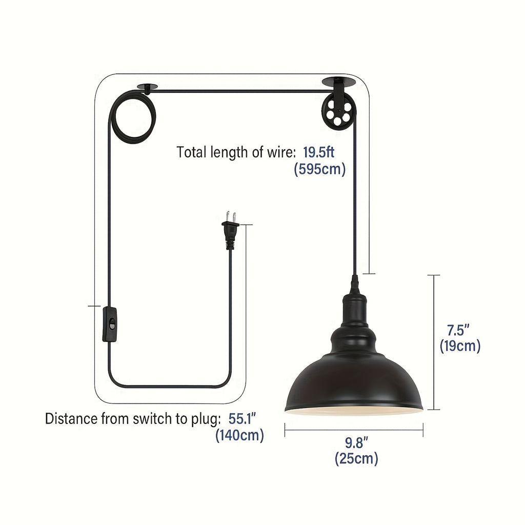 2-Pack LYOOWNG Industrial Plug-In Switched Pendant Light, 19.5ft Cord with Switch, Black Metal Dome, 110-130V US Plug, Bulb Not Included, for Farmhouse Kitchen, Island, Living Room, Dining Room