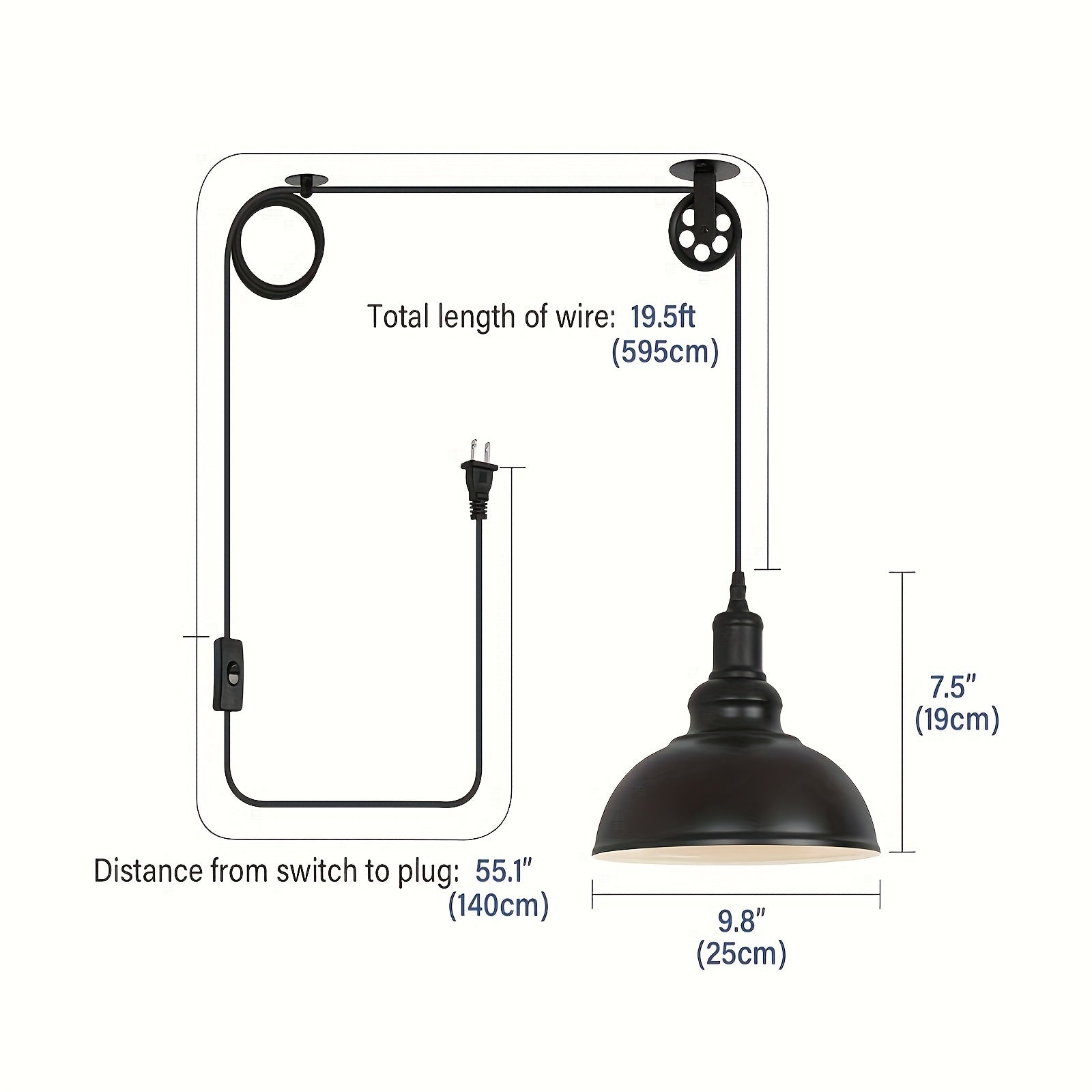 2-Pack LYOOWNG Industrial Plug-In Switched Pendant Light, 19.5ft Cord with Switch, Black Metal Dome, 110-130V US Plug, Bulb Not Included, for Farmhouse Kitchen, Island, Living Room, Dining Room