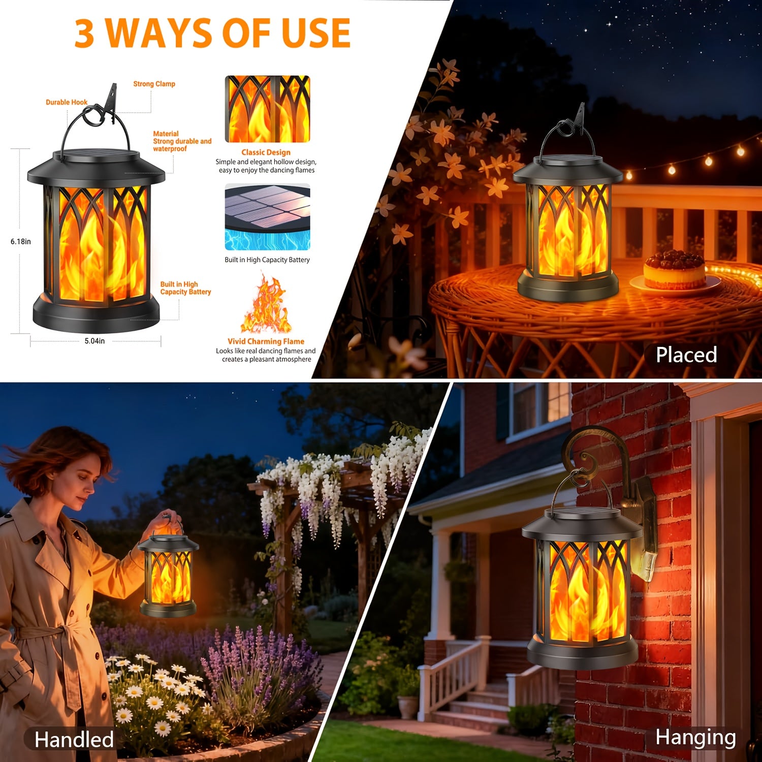 Flickering Flame Solar Hanging Light, Upgraded 2/4-Pack Outdoor IPX5 Waterproof Solar Light, Hanging Decorative Light, Automatic On/Off Solar Light for Courtyard, Patio, Path, Tree, Garden Decoration, Women's Holiday Gift